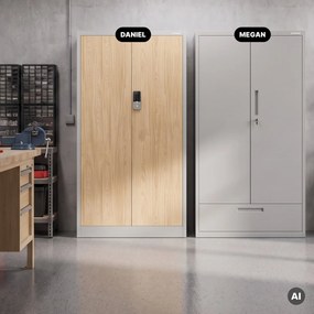 Szafa biurowa metalowa z zamkiem na szyfr szara/dąb sonoma, 900x1850x400 mm: DANIEL Eco Design