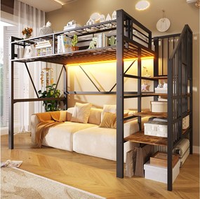 Łóżko piętrowe metalowe - 90 x 200 cm - z metalową siatką + diody LED + drabinka ze schowkiem - MDF + metal - czarne