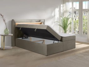 Zestaw do sypialni ozdobny zagłówek z oświetleniem LED + stelaże ze skrzynią + materace + nakładka na materac - 180 x 200 cm - Welur - Taupe - ORANA marki YSMÉE