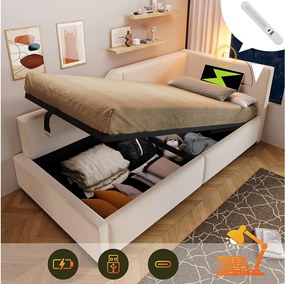 Łóżko ze schowkiem 90x200 cm, beżowy aksamit, sofa rozkładana z lampką do czytania i funkcją ładowania przez USB, bez materaca