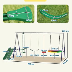 AIYAPLAY 5-w-1 zestaw huśtawek z regulowaną zjeżdżalnią i huśtawką w kształcie gniazda, 382x196x203 cm, wielokolorowy | Aosom PL