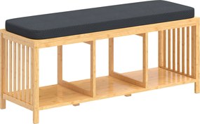 HOMCOM Bambusowa ławka na buty, ławka do przedpokoju z miękkim siedziskiem i otwartą półką, naturalny bambus | Aosom PL