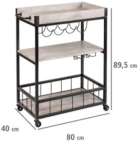 Wózek kuchenny RUSTICO, trójpoziomowy regał na kółkach z uchwytami na butelki i kieliszki - 80 x 89,5 x 40 cm, WENKO