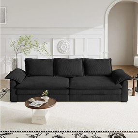 Sofa 3-osobowa w welurze żebrowanym, z 2 poduszkami na podłokietniki, zdejmowanymi i nadającymi się do prania, 265x86x88cm, Czarny