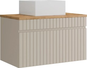 Wisząca szafka łazienkowa prążkowana beżowa z umywalką nablatową kwadratową – 80 cm – SATARA