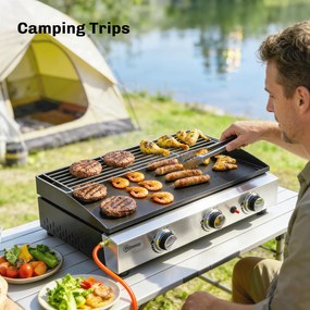 Outsunny Grill Gazowy 7,5 kW Przenośny Stołowy z 3 Palnikami Powłoka Ceramiczna Ruszt do Podgrzewania | Aosom PL