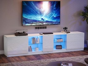 Szafka pod TV 160x40x52 cm - wysoki połysk - z LED - odpowiednia do telewizorów 65" - z 2 szufladami i 1 drzwiami - Biały