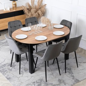 Zestaw Stół Okrągły Rozkładany HARRY 102-142 cm Dąb Craft/Czarny i 6 Krzeseł Tapicerowanych CHRIS Szarych Nowoczesnych