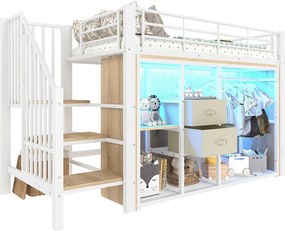 Łóżko piętrowe 90x200 cm - Łóżko dziecięce z 2 szufladami i schowkiem - biały metal - materac nie jest wliczony w cenę