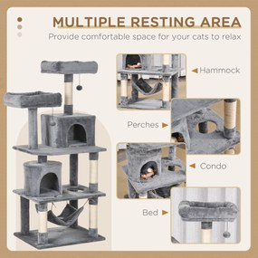 PawHut Duży drapak dla kotów 145 cm, z hamakiem, drzewko do wspinaczki dla kotów, drapak z jaskiniami i słupkami obszytymi sizalem, Jasnoszary