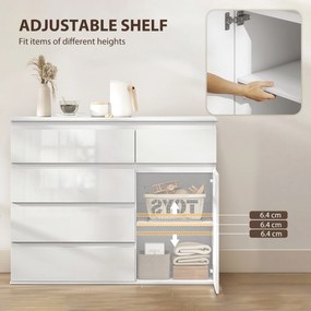 HOMCOM Nowoczesny sideboard, szafka do przechowywania z 5 szufladami, regulowaną półką, drzwiami Soft-Close, biały wysoki połysk | Aosom PL
