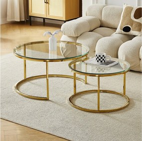 Zestaw stolików kawowych MILA – Hartowane szkło przezroczyste i złoty metal