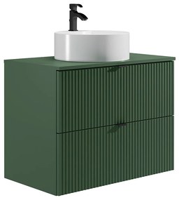 Podwieszana szafka łazienkowa prążkowana z okrągłą umywalką nablatową - Matowa zieleń - 80 cm - ZEVINI