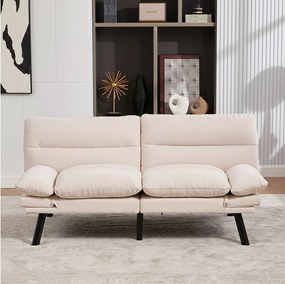 Sofa 2-osobowa z regulowanym oparciem i podłokietnikami, metalowe nogi - beżowy szenil