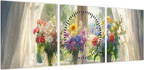 Obraz - Bukiet przy oknie (z zegarem) (90x30 cm)