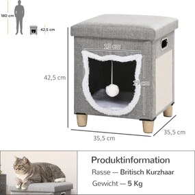 PawHut Norka dla kota z poduszką Otomana z piłką do gry Szary Poliester | Aosom PL