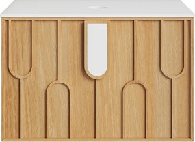 Wiszaca teksturowana szafka podumywalkowa z blatem ze spiekanego kamienia - Jasny naturalny - szer. 75 cm - MERKAN