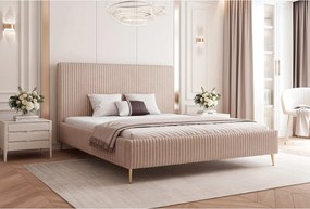 BESILIO Łóżko do sypialni 120x200 Vienna II - Łóżko z pojemnikiem, łóżko slim, wysokie złote nogi, stelaż listwowy - Tkanina miękki sztuks - Beżowy