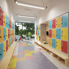 Socjalna szafa skrytkowa BHP do szkół i przedszkoli OLA, 1090 x 1200 x 450 mm, szaro-wielokolorowa