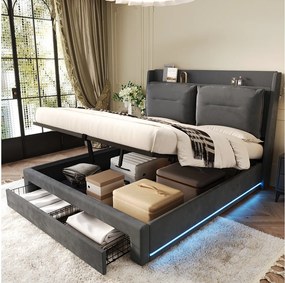 Łóżko ze schowkiem 180 x 200 cm z wezgłowiem i 2 szufladami - LED - Aksamit - Ciemnoszary (bez materaca)