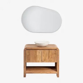 Zestaw Mebli Łazienkowych Z Drewna Vacry Akacja Brąz & Cement Okrągły Biały Ø40 Cm Zavion & Owalna Lampa Led I Przeciwmgielna 100x80 Cm Riben & Bez Kr
