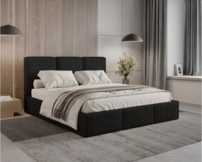 Łóżko tapicerowane 200x200 Elora boucle – łóżko z pojemnikiem na pościel i stelażem listwowym, tkanina boucle – Czarny