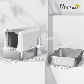 PawHut Kuweta dla kota ze stali nierdzewnej, z filtrem i łopatką, dla kotów do 6 kg, 40,5 x 60,5 x 41,5 cm, Biały/Srebrny