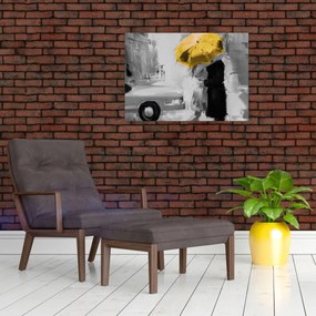Obraz - Zakochana para pod parasolem, żółty (70x50 cm)