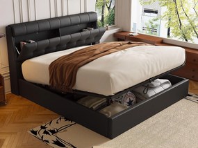Łóżko 140x200 cm - z ekoskóry - wezgłowie z miejscem do przechowywania - Czarne