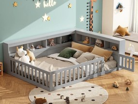 Łóżko dziecięce 140x190 cm - Wezgłowie z miejscem do przechowywania - Stelaż listwowy - z gniazdkiem i portem USB - szary