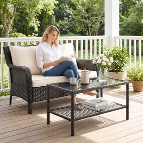 Outsunny Rattanowy stolik kawowy, dwupoziomowy stolik z półką, hartowany blat szklany i stalowa rama, czarny | Aosom PL