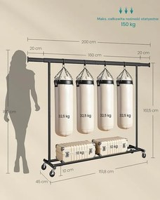 Wieszak na ubrania DOLLY na kółkach, max. 150 kg, 45x160-200x161,5cm, czarny SongmicsHome