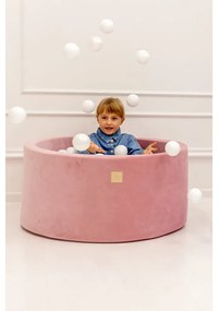 Okrągły suchy basen dla dziecka 90x40cm/300 piłek 7cm, welurowy, magenta, piłki: białe, pastelowy róż - meowbaby®
