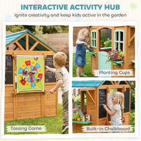 AIYAPLAY Drewniany domek dziecięcy na zewnątrz z ladą sprzedażową, skrzynką na rośliny, tablicą kredową, tarczą do rzucania 4 piłki 142 x 120 x 141,5 cm Wielobarwny | Aosom PL