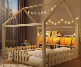 Łóżko domek dziecięcy 140x190 cm - z barierkami bezpieczeństwa - z taśmą LED - otwarte przegródki do przechowywania - naturalny​ (materac nie jest wliczony w cenę)