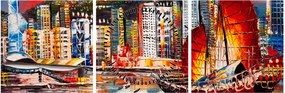 Obraz - Victoria Harbor, Hong Kong, obraz olejny (z zegarem) (90x30 cm)