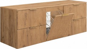 Szafka łazienkowa wisząca pod umywalkę z koszem na pranie, dąb craft, uchwyty złote, 160 x 46 x 57 cm
