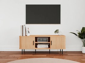 Ryflowana szafka RTV z drzwiami przesuwnymi Kasja 120 cm, kolor dąb