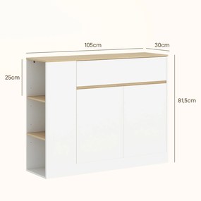 HOMCOM Sideboard z dużą szafką, 3 półkami, szufladą, 105 x 30 x 81,5cm, Biały/Drewno