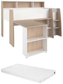 Łóżko piętrowe 90 x 200 cm z biurkiem i schowkami - Biały i naturalny + Materac - APOLINO