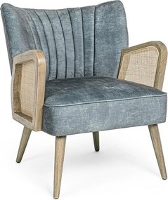 Jasnoniebieski fotel z tkaniny z efektem aksamitu, drewniane nogi i podłokietniki - VIRNA