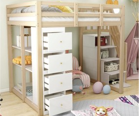 Łóżko mezzanine 140x200cm z litego drewna - z 4 szufladami i schodami do przechowywania - Naturalne (materac nie jest w zestawie)