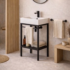 Zestaw umywalka z konglomeratu NAVI 100 x 45 cm + stojąca konsola NAVI Step | Różne kolory | Różne rozmiary : Kolor - Czarny, Otwór na baterię - Bez otworów, Rozmiar - 70 x 45 cm