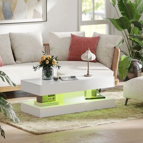 HOMCOM Stół do salonu z szufladami i lampkami LED, nowoczesny stół do kanapy z otwartą półką, stół kawowy, płyta wiórowa, Biały