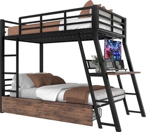 Łóżko piętrowe dla dzieci - 90 x 200 cm - rama żelazna - z diodami LED + 2 szuflady + biurko - Metal + MDF - czarne