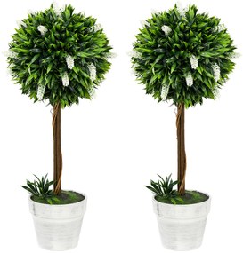 HOMCOM Zestaw 2 Sztucznych Drzewek Lawendowych, 60 cm Wysokości, Zawiera Donicę i Sztuczny Mech, Biały