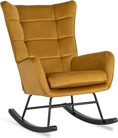 Fotel Bujany na Biegunach Uszak Wypoczynkowy JACKSON Musztardowy Welurowy do Salonu Nowoczesny