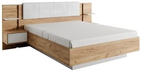 Łóżko ze skrzynią i szafkami nocnymi 160 x 200 cm - Z oświetleniem LED - Naturalny i biały - ELYNIA