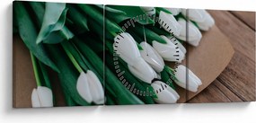 Obraz bukietu białych tulipanów (z zegarem) (90x30 cm)