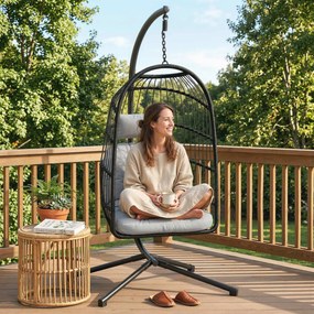 Outsunny Fotel wiszący z ramą, składany, kosz z Polyrattanu z poduszkami, pas bezpieczeństwa, podgłówek, paski, regulowana wysokość | Aosom PL